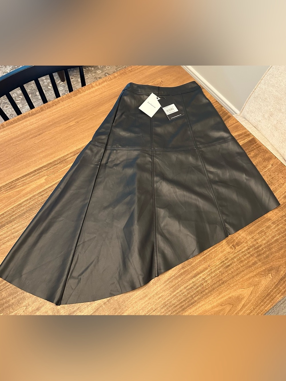 En Saison Black Faux Leather A-Line Midi Skirt